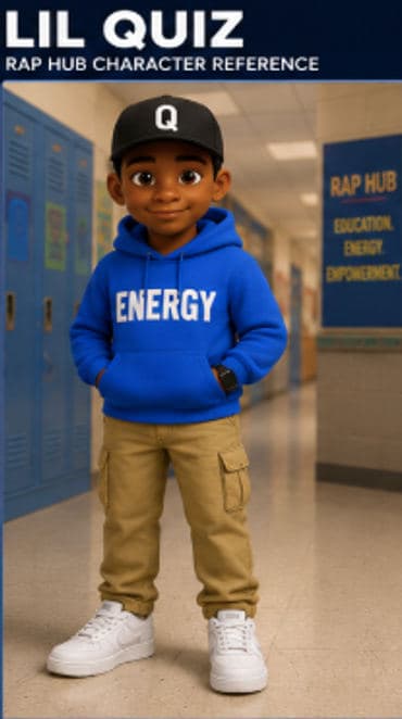 Lil Quiz, the Rap Hub character, in a blue ENERGY hoodie