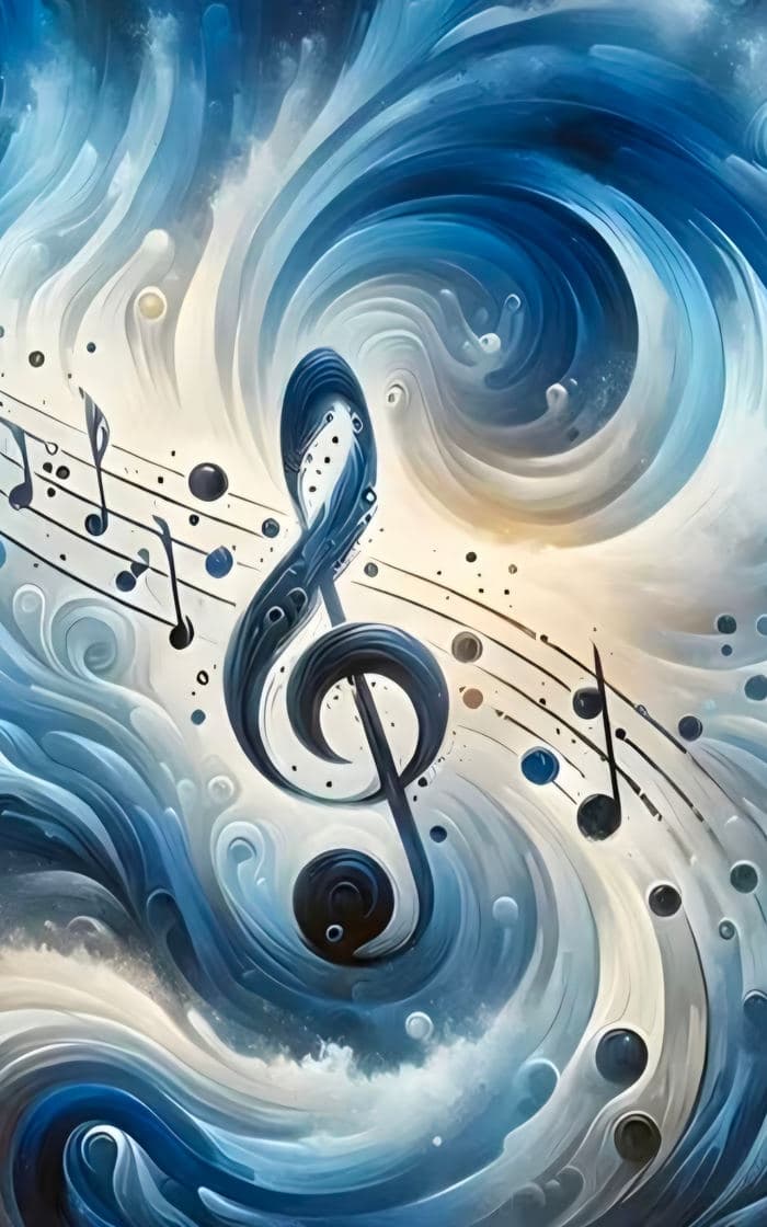 Blue swirling music-note artwork