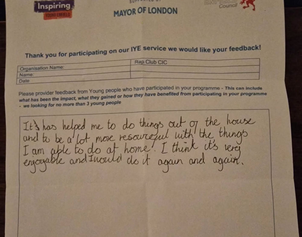 Handwritten Inspiring Young Enfield feedback form