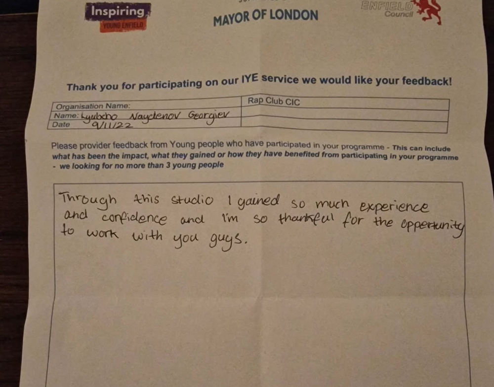 Handwritten Inspiring Young Enfield feedback form